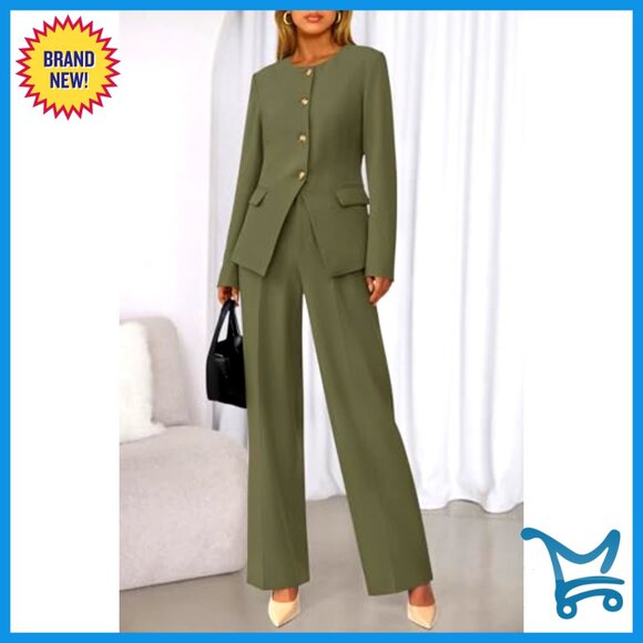 Long Sleeve Blazer Wide Leg Pant Suit Set Business Casual Office Wear - Picture 2 of 7